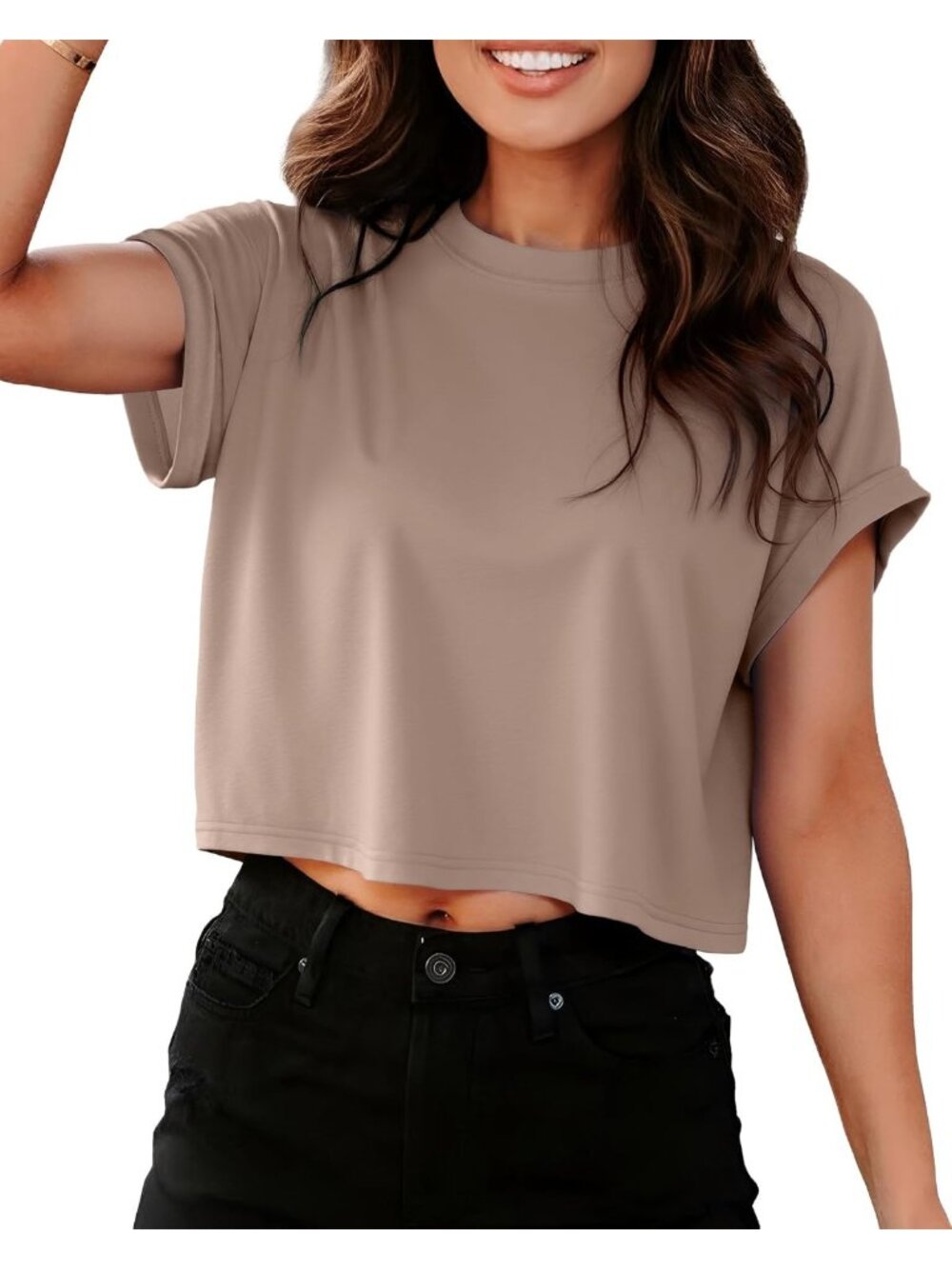 Women's Khaki Short Sleeve Loose Fit T Shirts Casual Round Neck Crop Tops
